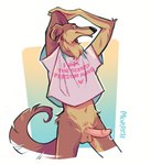 anthro bodily_fluids bottomless bottomless_anthro bottomless_male clothed clothing erection genital_fluids genitals humanoid_genitalia humanoid_penis male penis precum shirt shirt_only solo t-shirt t-shirt_only tongue tongue_out topwear topwear_only morrch meme_clothing borzoi canid canine canis domestic_dog hunting_dog mammal sighthound absurd_res hi_res meme