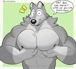 abs anthro bar_emanata barazoku biceps dialogue emanata eyebrows fur grey_body grey_fur looking_at_viewer male muscular muscular_anthro muscular_male navel nipples pecs presenting presenting_pecs solo talking_to_viewer text ruffusbleu ruffus_(ruffusbleu) canid canine canis mammal wolf 2023 digital_media_(artwork) english_text hi_res