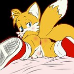 anthro anus balls biped blue_eyes blush body_blush butt butt_blush clothing flaccid footwear foreskin fur genitals looking_at_viewer looking_back male penis rear_view shoes small_penis smile smirk socks solo spread_legs spreading tail yellow_body yellow_fur young young_anthro young_male oddscreen sega sonic_the_hedgehog_(series) miles_prower canid canine fox mammal 1:1