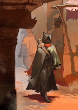 alley anthro biped brick brick_wall cloak clothing digitigrade face_in_shadow feet foot_wraps holding_object hood hood_up mask pointy_ears prick_ears rolled_paper walking wall_(structure) wraps juliathedragoncat canid canine mammal 2025 comic digital_media_(artwork) digital_painting_(artwork) hi_res painting_(artwork) warm_colors