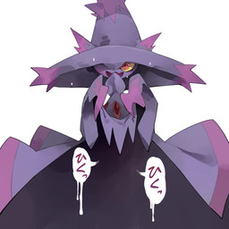 ambiguous_gender blush bodily_fluids dialogue drip_effect dripping_speech_bubble gem legless looking_at_viewer multicolored_body not_furry nude on_model one_eye_closed open_mouth open_smile orange_eyes pseudo_clothing pupils purple_body red_gem simple_background smile smiling_at_viewer solo speech_bubble sweat text white_background yellow_sclera youjomodoki nintendo pokemon generation_4_pokemon ghost humanoid mismagius pokemon_(species) spirit 1:1 2023 digital_media_(artwork) hi_res japanese_text shaded translation_request female_(lore)