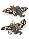 2koma 3:4 ambiguous_gender arthropod black_body black_scales brown_body comic digital_media_(artwork) duo feral godzilla godzilla_(series) insect japanese_text kaiju lepidopteran low_res moth mothra mothra_(series) oekaki reptile scales scalie shitaiya simple_background sweatdrop_(iconography) text toho white_background