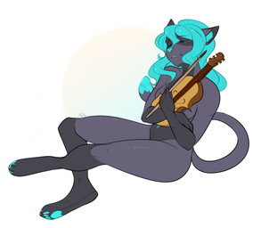 anthro bowed_string_instrument eyes_closed female hair musical_instrument nude simple_background smile solo string_instrument teeth thick_thighs violin white_background teil kia_(banifi) felid mammal