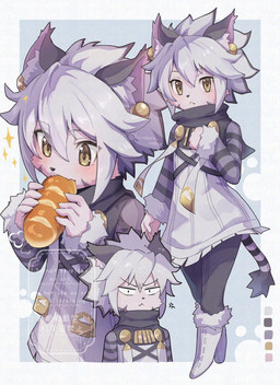 amber_eyes angry anthro boots border bottomwear bread clothed clothing color_swatch ear_piercing eating facial_markings female food footwear fur grey_body grey_fur grey_hair hair head_markings kemono markings pants piercing shirt shoes simple_background solo sparkles topwear korokoro_nekoz cyberconnect2 little_tail_bronx solatorobo elh_melizee american_shorthair domestic_cat felid feline felineko felis mammal hi_res watermark