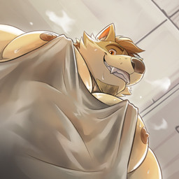 anthro big_muscles big_pecs bodily_fluids clothing facial_hair fur goatee grin gym light looking_at_viewer looking_down looking_down_at_viewer low-angle_view male muscular muscular_anthro muscular_male musk orange_eyes pecs shirt smile solo sweat sweaty_body sweaty_pecs tan_body tan_fur tank_top topwear drunkennoodler pec_pov_meme alejandro_(patt_jewanarom) canid canine canis mammal wolf 1:1 2024 hi_res lighting