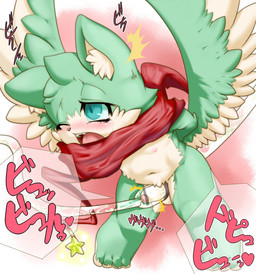 anthro blush bodily_fluids cum erection feathered_wings feathers foreskin fur genital_fluids genitals green_body green_fur humanoid_genitalia humanoid_penis machine male milking_machine penile penis penis_milking scarf solo wings young young_anthro shaolin_bones canid canine fox mammal source_request