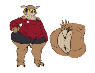 anthro big_butt blush bodily_fluids bottom_heavy bottomwear brown_body butt clothed clothing femboy long_sleeve_shirt male overweight overweight_male shirt shorts solo sweat sweatdrop tank_top thong topwear undershirt underwear wide_hips sssonic2 otto_(sssonic2) avian bird owl hi_res model_sheet