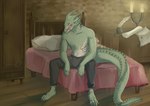 anthro bed candle claws facial_scar furniture green_body green_eyes inside loose_feather male muscular muscular_male paper pillow quill rib_cage scar sitting solo wounded bloody_d mythology dragon mythological_creature mythological_scalie scalie 2024 hi_res