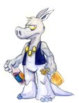 anthro blue_clothing blue_topwear blue_vest bottle claws clothing container fur grey_body grey_fur holding_bottle holding_container holding_object holding_sack male simple_background solo topwear vest white_background yellow_sclera ayato cerebus aardvark mammal traditional_media_(artwork)