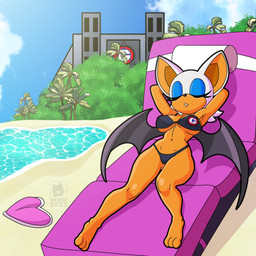 anthro bat_wings beach big_breasts big_ears black_clothing black_nose black_swimwear black_wings blue_eyeshadow breasts clothing eyelashes eyes_closed eyeshadow female front_view fur hands_behind_head lying makeup membrane_(anatomy) membranous_wings navel on_back orange_body orange_fur sea solo swimwear thick_thighs water white_body white_fur wide_hips wings skwid sega sonic_the_hedgehog_(series) rouge_the_bat bat mammal 1:1 hi_res