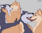 anthro anthro_on_anthro black_nose brown_eyes duo french_kissing fur glistening glistening_eyes green_eyes grey_background grey_body grey_fur kissing male male/male nude open_mouth orange_body orange_fur red_tongue side_view simple_background tan_body tan_fur teeth tongue white_body white_fur roobin tennis_ace shoichi_urata yuuichi_michimiya canid canine canis domestic_dog husky mammal nordic_sled_dog shiba_inu spitz hi_res
