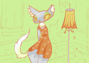 anthro clothed clothed_female clothing dress female fur grey_body grey_fur lamp orange_clothing orange_dress smile solo naircat domestic_cat felid feline felis mammal digital_drawing_(artwork) digital_media_(artwork) microsoft_paint_(artwork) portrait three-quarter_portrait