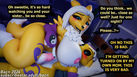 age_difference anthro areola bed bedroom big_breasts black_sclera blue_eyes blush bodily_fluids breasts claws cum detailed_background dialogue dominant dominant_female duo erection female fingers furniture genital_fluids genitals hair huge_breasts humanoid_genitalia humanoid_penis hyper hyper_breasts lying male male/female nipples nude older_female on_bed open_mouth penile penis precum requesting sex_request smile speech_bubble tail teeth text thought_bubble white_body yellow_body younger_male bacn bandai_namco digimon renamon_(bacn) canid canine digimon_(species) fox mammal renamon 16:9 2026 3d_(artwork) 4k absurd_res blender_(artwork) blender_cycles_(artwork) digital_media_(artwork) english_description english_text hi_res widescreen incest_(lore) mother_(lore) mother_and_child_(lore) mother_and_son_(lore) parent_(lore) parent_and_child_(lore) parent_and_son_(lore) son_(lore)