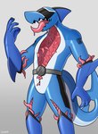 ambiguous_gender anthro arm_fin belly blue_body boots clothing fin footwear gloves handwear shoes solo tail tail_fin tentacle_suit tentacles tentaclothes tongue visor white_belly hacony fish marine shark 2023 absurd_res hi_res