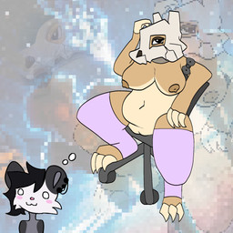 big_breasts bone breasts camo camo_clothing camo_print chair clothed clothing collar cracked daydream detailed_background duo exhibitionism female furniture genitals innie_vulva leg_warmers legwear male male/female neckwear nipples office_chair on_chair partially_clothed pattern_clothing pokemorph sitting skull thick_thighs vulva fawnathedeer nintendo pokemon comfy_(helimopp) douse_(helimopp) american_opossum cubone generation_1_pokemon mammal marsupial pokemon_(species) virginia_opossum 1:1 hi_res