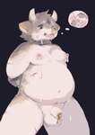 anthro balls bdsm belly big_nipples black_body black_fur bodily_fluids collar cuff_(restraint) drooling facial_piercing flaccid foreskin fur genitals hands_behind_back humanoid_genitalia humanoid_penis kemono lactating male male_lactation milk_drip multicolored_body navel nipple_fetish nipple_pinch nipple_play nipples nose_piercing nose_ring overweight overweight_male pawpads penis piercing pinch restraints ring_piercing saliva saliva_on_tongue scar shackles shota simple_background solo standing submissive submissive_male sweat tears tears_of_pleasure three-quarter_view tied_foreskin tongue tongue_out unretracted_foreskin white_body white_fur young young_anthro young_male zeetar bovid bovine cattle mammal absurd_res hi_res