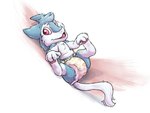 ambiguous_gender anthro baby clean_diaper clothed clothing daww diaper diaper_only feet feet_up hand_on_foot lying on_back pattern_diaper pawpads print_diaper smile solo spread_legs spreading tail topless wearing_diaper young young_anthro wyfoo sergal hi_res