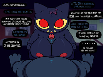 age_difference anthro belly big_belly big_breasts breast_play breasts comparing curvy_figure dark_body dark_fur detailed_background dialogue duo dyed_fur erection feet female first_person_view fur genitals looking_at_another looking_at_partner looking_at_viewer male male/female male_pov markings navel nipples notched_ear nude open_mouth overweight overweight_male penis pink_nipples profanity red_eyes sex speech_bubble standing text thick_thighs titfuck whisker_markings yellow_sclera zlut385 night_in_the_woods mae_borowski stan_borowski domestic_cat felid feline felis mammal 4:3 cel_shading colored digital_drawing_(artwork) digital_media_(artwork) english_text hi_res shaded daughter_(lore) father_(lore) father_and_child_(lore) father_and_daughter_(lore) incest_(lore) parent_(lore) parent_and_child_(lore) parent_and_daughter_(lore)
