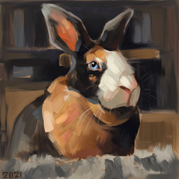 abstract_background black_body black_fur blue_eyes feral fur multicolored_body multicolored_fur orange_body orange_fur solo white_body white_fur alexpahomov domestic_rabbit dutch_rabbit harlequin_rabbit lagomorph leporid mammal oryctolagus rabbit 1:1 2021 digital_media_(artwork) digital_painting_(artwork) hi_res painting_(artwork)