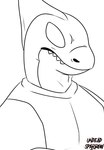 anthro clothing dorsal_fin fin logo male sharp_teeth snout solo teeth topwear undeadsparrow cetacean dolphin mammal marine oceanic_dolphin orca toothed_whale artist_logo artist_name black_and_white half-length_portrait hi_res line_art monochrome portrait