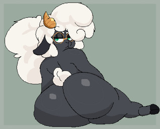 abstract_background annoyed anthro big_butt butt dark_body dark_skin eyewear glasses glistening glistening_body green_eyes hooves horn huge_butt looking_at_viewer lying male rear_view slightly_chubby solo wool_hair yellow_horn anonymous_artist fan_character bovid caprine mammal sheep digital_media_(artwork) pixel_(artwork)