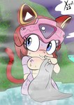 anthro areola bath breasts coy female hot_spring looking_at_viewer machine nipples onsen public_bathing solo steam teasing towel water wet wide_hips xoti_(artist) samurai_pizza_cats polly_esther android domestic_cat felid feline felis mammal robot hi_res