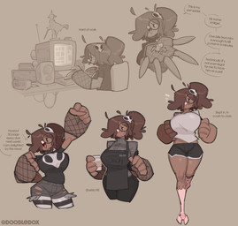 anthro apron armwear barefoot barista beak big_breasts black_apron black_bottomwear black_clothing black_pants black_shirt black_shorts black_topwear bottomwear breasts brown_body brown_feathers brown_hair camera chair choker clothing coffee_cup computer container cup desk dialogue electronics eyelashes eyewear feather_hands feathers feet female figurine fishnet_armwear fishnet_clothing fist_pump freckled_face freckles furniture glasses grey_bottomwear grey_clothing grey_shirt grey_shorts grey_topwear hair hair_over_eye jewelry jogging legwear marker multiple_poses name_tag necklace pants pattern_clothing pattern_legwear ponytail pose round_glasses shirt shorts skull_accessory skull_shirt solo speaker spiked_choker striped_clothing striped_legwear stripes table talons text toes topwear torn_bottomwear torn_clothing torn_shorts white_clothing white_shirt white_topwear doodledox bailey_(doodledox) arachnid arthropod avian bird spider 2024 english_text hi_res