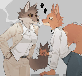 5_fingers anthro biped bottomwear breasts brown_body brown_fur brown_tail canon_couple cigarette claws clenched_teeth clothed clothed_anthro clothed_female clothing crossgender duo eye_contact female finger_claws fingers fully_clothed fully_clothed_anthro fully_clothed_female fur handpaw looking_at_another mtf_crossgender orange_body orange_fur orange_tail paws smile tail tail_grab teeth topwear raccoattack dreamworks the_bad_guys diane_foxington mr._wolf_(the_bad_guys) canid canine canis fox mammal wolf 2025 digital_drawing_(artwork) digital_media_(artwork) hi_res
