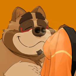 anthro biped brown_body brown_fur clothing eyes_closed eyewear fur glasses kemono male overweight overweight_male simple_background smile sniffing sniffing_clothes solo underwear underwear_sniffing 0ottotto0 vtuber tanumoto canid canine mammal raccoon_dog tanuki 1:1 2026