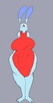 anthro big_breasts black_eyes blue_body blue_fur breasts clothed clothing dipstick_ears dress ear_markings female fur grey_background huge_breasts looking_at_viewer multicolored_ears red_clothing red_dress simple_background solo thick_thighs wide_hips sussyrock ren_(sussyrock) lagomorph leporid mammal rabbit