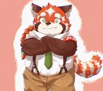 anthro blush bottomwear brown_body clothing cute_fangs fangs kemono male necktie overweight overweight_male pants red_body shirt simple_background solo suspenders teeth topwear white_body kipchin_2nd00 lifewonders tokyo_afterschool_summoners zhurong_(tas) ailurid mammal red_panda 2021 hi_res