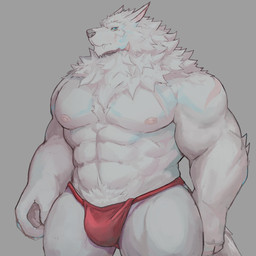 abs anthro blue_eyes clothing fangs fur male muscular muscular_anthro muscular_male nipples pecs red_clothing red_underwear solo teeth underwear white_body white_fur fd-caro tavern_of_spear unnulfr_(tavern_of_spear) canid canine canis mammal wolf 1:1 absurd_res hi_res