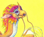 female floral flower flower_crown flower_garland fur garland gem head_wreath horn mask open_mouth pearl_(gem) pink_eyes plant simple_background solo teeth whiskers yellow_background srnecka flight_rising mythology dragon mythological_creature mythological_scalie pearlcatcher_dragon scalie portrait