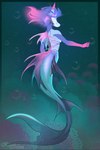 air_bubble anthro blue_body blue_hair female fin fish_tail hair looking_away multicolored_body multicolored_hair pink_body pink_hair pink_stripes rear_view solo striped_body stripes swimming kaurimoon sora_(sorafoxyteils) reptile scalie