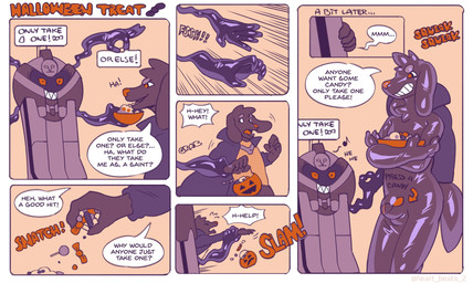 5_fingers ambiguous_gender anthro arrow_pointing_to_crotch bdsm biped black_body black_fur body_writing bound bowl bulge candy clothed clothing container costume dessert dialogue directional_arrow encasement exclamation_point fingers food fur gesture glistening goo_transformation grin hand_gesture holidays latex latex_transformation laugh male ok_sign onomatopoeia open_mouth red_eyes simple_background smile sound_effects speech_bubble surprised teeth text transformation trapped heartbeats halloween nintendo pokemon canid canine canis cofagrigus domestic_dog generation_5_pokemon goo_creature mammal pokemon_(species) 2020 character_request comic digital_drawing_(artwork) digital_media_(artwork) english_text hi_res