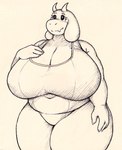 anthro big_breasts breasts clothing curvy_figure fangs female hand_on_breast huge_breasts one-piece_swimsuit overweight overweight_female smile solo swimwear teeth thick_thighs voluptuous wide_hips fimif undertale undertale_(series) toriel boss_monster_(undertale) bovid caprine goat mammal hi_res traditional_media_(artwork)