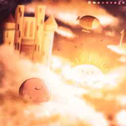 aircraft airship ambiguous_gender anthro castle cloud cloudy_sky detailed_background light sky skyscape smile solo sun sunlight text vehicle warm_lighting terminalmontage weonvago kirby's_adventure kirby_(series) nintendo something_about kirbo kirby avian bird living_sun 1:1 artist_name hi_res unavailable_at_source warm_colors