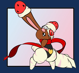 ambiguous_gender anthro black_border blue_background border brown_body brown_fur clothed clothing cotton_tail cybernetics eyebrows food fruit fur gradient_background long_ears machine pink_background pink_body pink_eyebrows pink_fur pink_inner_ear plant red_scarf scarf simple_background solo standing strawberry tail white_body white_fur rakugaki_(artist) nintendo pokemon fan_character merengue_(rakugaki) alcremie buneary cyborg food_creature generation_4_pokemon generation_8_pokemon hybrid pokemon_(species) strawberry_sweet_alcremie vanilla_cream_alcremie alpha_channel hi_res