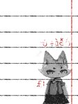 anthro clothed clothing currency_symbol female grainy hands_on_sides looking_at_viewer paper pound_sign solo suspender_skirt suspenders symbol text hasukii herba_(hasukii) canid canine mammal 3:4 constructed_language fictional_language greyscale monochrome spot_color