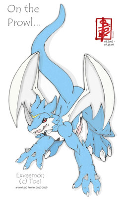 all_fours anthro aroused bodily_fluids claws dragon_digimon genital_fluids looking_offscreen male precum red_eyes solo tail text wings fennec_(artist) bandai_namco digimon mythology digimon_(species) dragon exveemon mythological_creature mythological_scalie scalie hi_res
