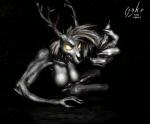 2019 american_mythology anthro antlers big_breasts bone breasts digital_media_(artwork) genitals glowing glowing_eyes gynomorph hair hi_res horn indigenous_north_american_mythology intersex jakethegoat looking_at_viewer monster mythology north_american_mythology nude penis simple_background skull skye_(jakethegoat) solo teeth wendigo