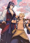 abs angry asian_clothing big_breasts black_hair blonde_hair blue_eyes blush breasts cherry_blossom cherry_blossom_tree cherry_tree cleavage clothed clothing collarbone duo east_asian_clothing eye_contact female flask flower fruit_tree hair headpat horn japanese_clothing kimono larger_female looking_at_another male midriff muscular muscular_male navel open_mouth petals plant ponytail prunus_(flower) rope sharp_teeth size_difference smaller_male smile tan_body teeth tree yellow_eyes mashu_003 asian_mythology east_asian_mythology japanese_mythology mythology demon human humanoid mammal oni yokai hi_res