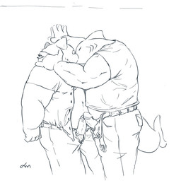 anthro bottomwear clothed clothing duo erection frottage genitals humanoid_genitalia humanoid_hands humanoid_penis kemono male male/male open_clothing open_shirt open_topwear pants penile penis penis_poking_out penis_through_fly penises_touching sex shirt simple_background slightly_chubby topwear white_background ximen99_(artist) aquatic fish shark 2015
