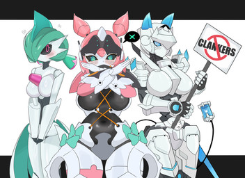 5_fingers anthro arm_guards armor big_breasts biped black_sclera blue_eyes blush blush_lines bow_ribbon breasts cross_gesture eyelashes featureless_breasts featureless_crotch female female_humanoid fingers glistening glistening_breasts glistening_thighs green_eyes green_hair group hair holding_object holding_sign looking_at_viewer machine mouthless multiple_poses navel pink_hair pose protest protest_sign red_eyes shoulder_guards sign small_waist speech_bubble stop_sign sweat_emanata tail text thick_thighs trio white_body wide_hipped_female wide_hipped_humanoid hasagi_giorno mihoyo nintendo pokemon ponos_corp. the_battle_cats zenless_zone_zero aria_(zenless_zone_zero) strike_unit_r.e.i. android felid feline future_pokemon gardevoir generation_3_pokemon generation_9_pokemon humanoid iron_valiant mammal paradox_pokemon pokemon_(species) robot robot_anthro robot_humanoid 2026 absurd_res colored crossover detailed digital_drawing_(artwork) digital_media_(artwork) english_text hi_res portrait shaded three-quarter_portrait