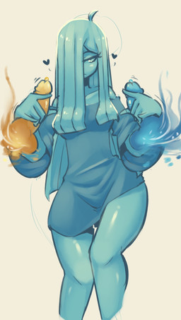 balls blue_body blue_clothing blue_eyes blue_hair blue_shirt blue_skin blue_topwear bodily_fluids bottomless clothed clothing disembodied_penis double_handjob female fire genital_fluids genitals group hair handjob heart_symbol long_hair male not_furry penile penis precum sex shirt simple_background solo_focus topwear white_background saucymauler mila_(spikedmauler) ghost humanoid spirit hi_res
