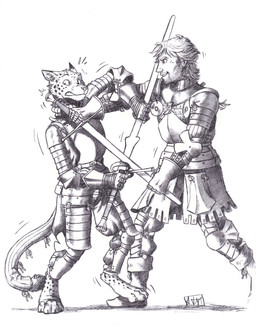 anthro armor barefoot beard besagew biped bodily_fluids boots breastplate clothing couter digitigrade duo facial_hair feet fight fighting_pose footwear fur furgonomics gauntlets gloves greaves handwear holding_melee_weapon holding_object holding_sword holding_weapon male male_anthro male_human markings medieval_armor medieval_clothing melee_weapon padded_armor pauldron paws plackart poleyn pose shoes smile spots spotted_body spotted_fur sweat sword tail_armor tassets training_sword weapon 0laffson cheetah felid feline human mammal 2025 hi_res traditional_media_(artwork)