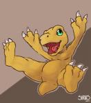 2017 agumon bandai_namco bastriw digimon digimon_(species) digital_media_(artwork) dinosaur extinct hi_res male prehistoric_species reptile scalie simple_background smile solo teeth theropod tongue yellow_body yellow_skin