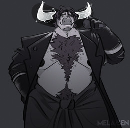 2_horns anthro big_nipples black_clothing black_jacket black_topwear body_hair bovid_horn bovine_horn bull_horn chest_hair clothing constellation electronics facial_hair goatee grey_background grin hair hat headgear headwear holding_microphone holding_object horn jacket male male_anthro microphone musclegut muscular nipples overweight overweight_anthro overweight_male pubes simple_background smile solo teeth text topwear melaisen ryder_(melaisen) bovid bovine cattle mammal 2023 absurd_res artist_name digital_drawing_(artwork) digital_media_(artwork) english_description hi_res portrait three-quarter_portrait