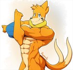 5_fingers abs anthro biceps biped blue_eyes clothed clothing collar collar_ring deltoids eyebrows fin fingers forearm_muscles forearms fur genitals grin grinning_at_viewer hair lats_(muscle) looking_at_viewer male male_anthro mostly_nude_anthro mostly_nude_male muscular muscular_anthro muscular_arms muscular_male no_underwear nude nude_anthro nude_male obliques orange_body orange_fur orange_hair pecs penis penis_base smile smiling_at_viewer snout solo topless topless_anthro topless_male triceps buizelcream ponyanony nintendo pokemon fan_character roie_(character) buizel generation_4_pokemon mammal mustelid otter pokemon_(species)