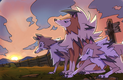 black_nose blue_eyes brown_body brown_fur claws cloud feet feral fur grass green_eyes group hair notched_ear orange_body orange_fur plant scar sharp_teeth sitting spikes sunset teeth toes tuft white_body white_fur white_hair dtrain2695 nintendo pokemon canid canine dusk_lycanroc generation_7_pokemon lycanroc mammal midday_lycanroc pokemon_(species) 2020